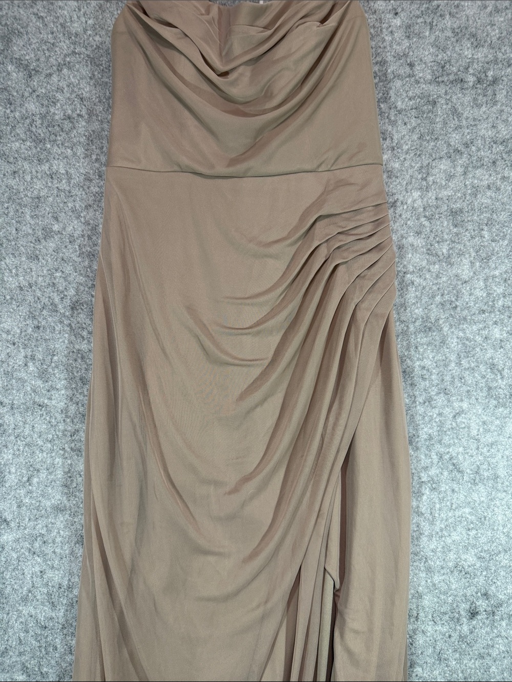 Azazie Champagne Chiffon Bridesmaid Dress Size A10 Cowl Neck Ruched Slit Boning - Picture 3 of 12